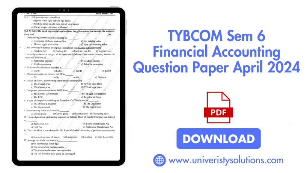 TYBCOM Sem 6 Financial Accounting Question Paper April 2024