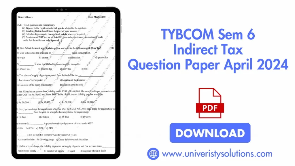 TYBCOM Sem 6 Indirect Tax Question Paper April 2024 